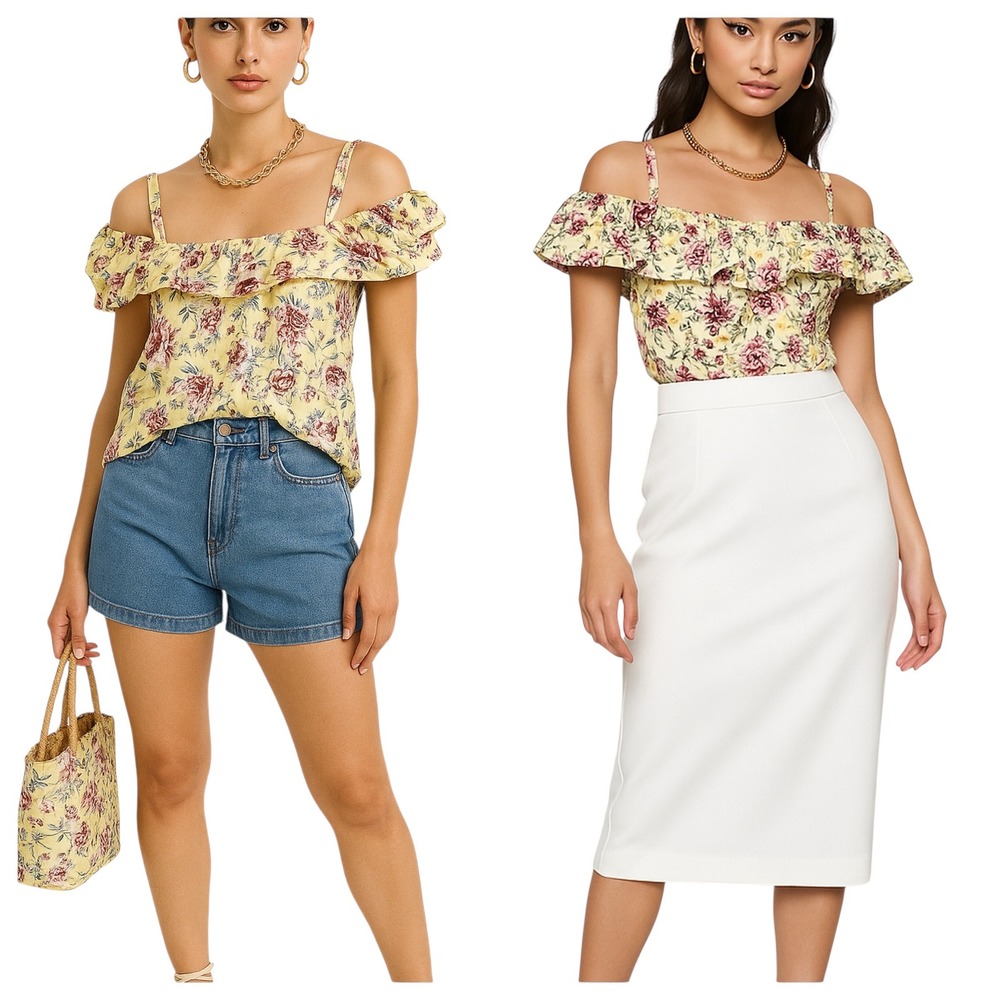 NWT No Comment‎ Off Shoulder Ruffle Floral Blouse Yellow 3XL Cottagecore Garden